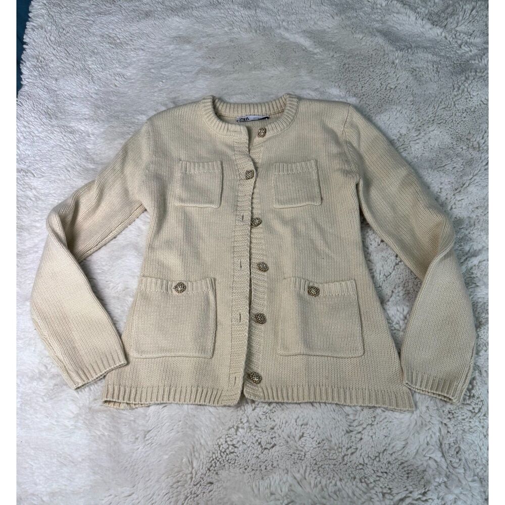 ZARA Cream Knit Cardigan Jacket Pearl Rhinestone Buttons 4 Pocket M
